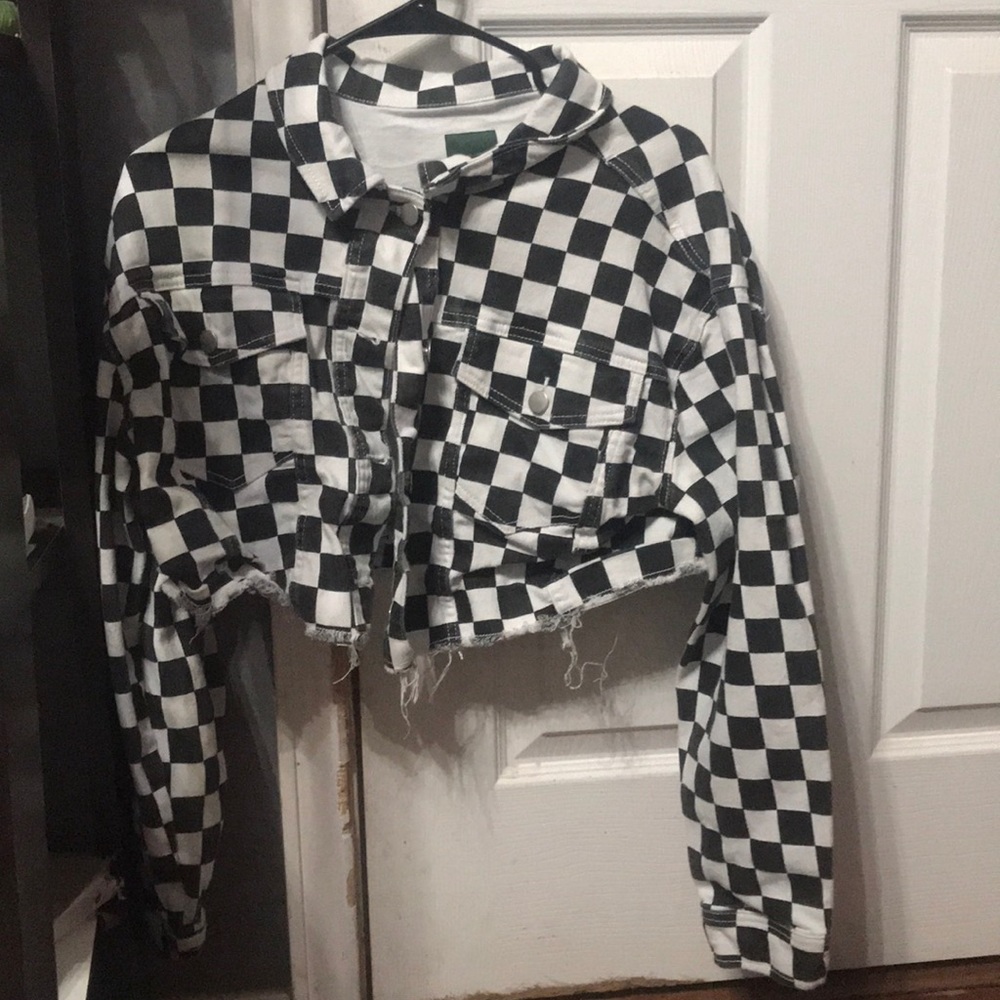 Checkered cropped denim jacket